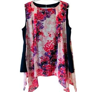 TAHARI Pink Floral Blouse Women’s Sz L Pleat-Sleeveless Colorful Light Summer